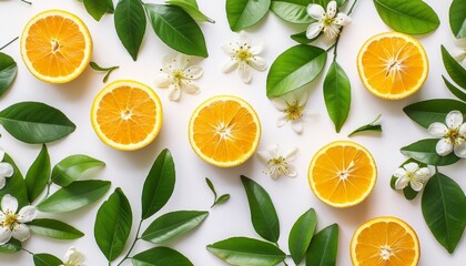 Fresh orange slices, blossoms, and green leaves on white background for a refreshing display
