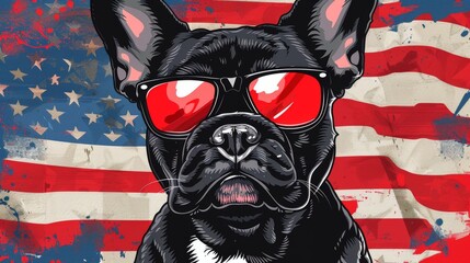 A cartoon French bulldog wearing red sunglasses with an American flag in the background