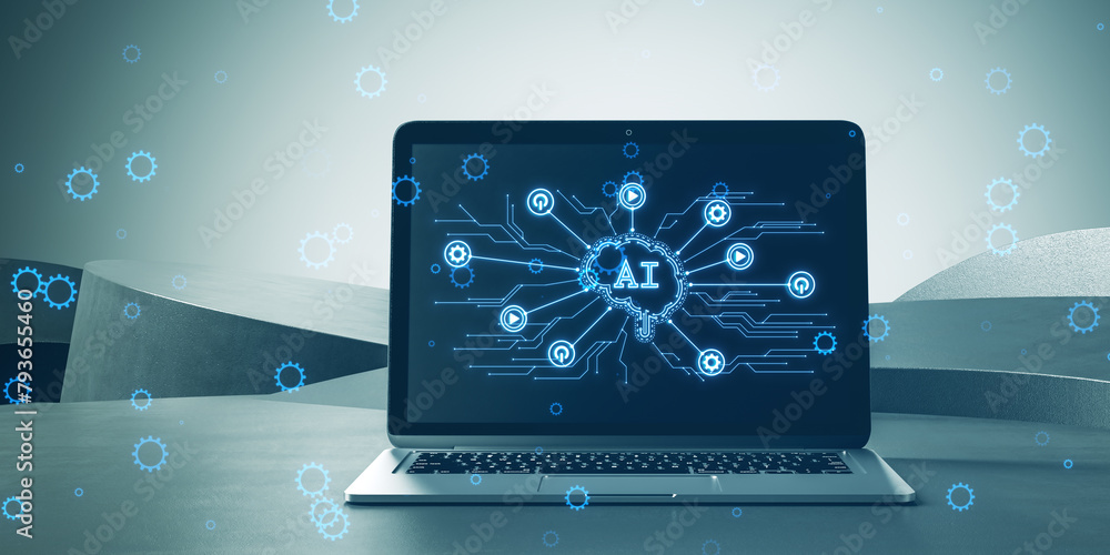 Aufkleber Close up of laptop with creative glowing AI brain hologram and circuit on light background. Artificial intelligence and innovation concept. 3D Rendering.