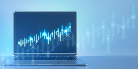 Close up of laptop with creative growing candlestick forex chart on blue background. Trade, finance...