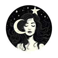 Beautiful woman with moon and stars. Vector hand drawn illustration.