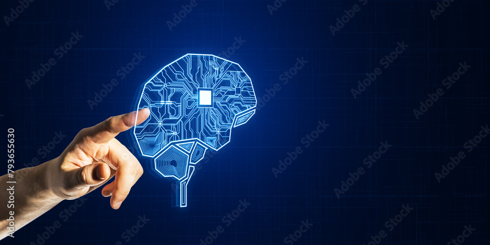 Poster Close up of businessman hand pointing at creative glowing AI brain hologram and circuit on dark background with mock up place. Artificial intelligence and innovation concept.