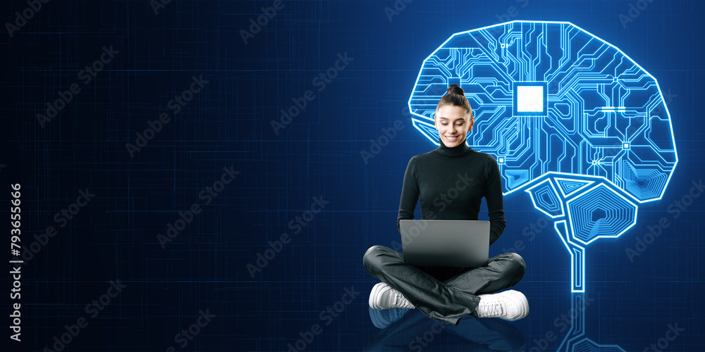 Poster Attractive thoughtful young woman sitting at using laptop with creative glowing AI brain hologram and circuit on dark background with mock up place. Artificial intelligence and innovation concept.