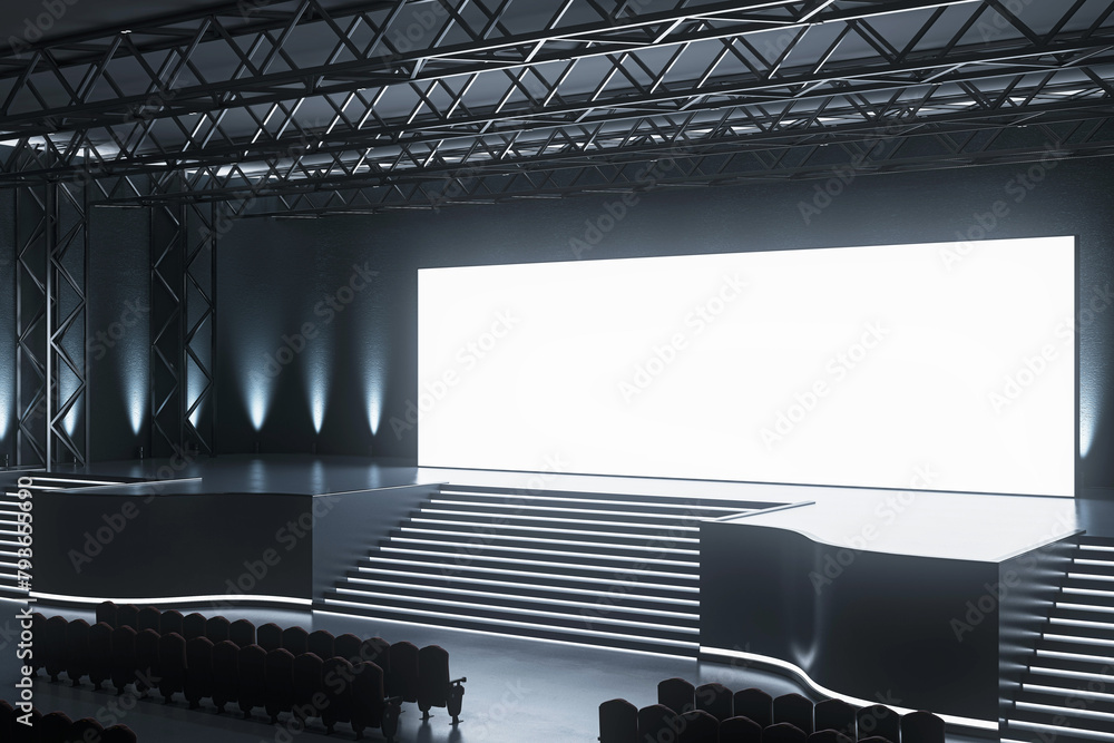 Aufkleber Modern conference hall with illuminated empty stage and seating. Event venue design. 3D Rendering