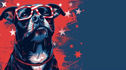 A cartoon dog wearing patriotic sunglasses with an American flag pattern on a red, white, and blue background.