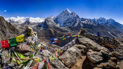 ama Dablam, with colorfull tibetian prayer flags in Khumbu, nepal from viewpoint above Dingboche