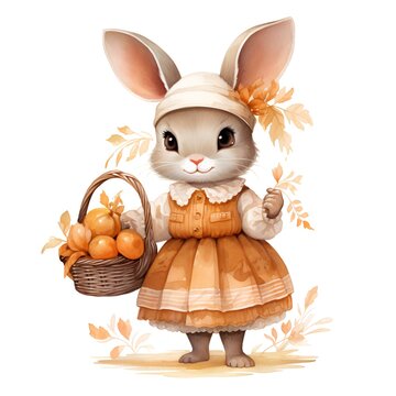 Cute little rabbit with basket of tangerines. Watercolor illustration