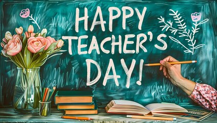 Happy teachers day greeting on green board