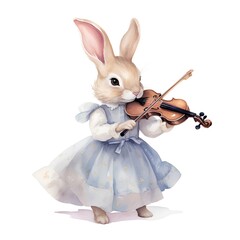 Obraz premium Rabbit in a blue dress with a violin. Watercolor illustration