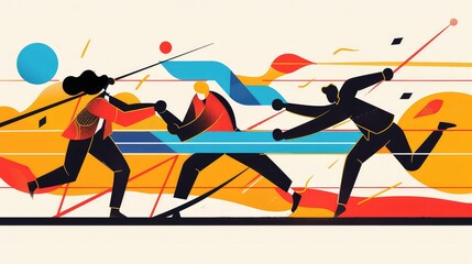 street quarrel graphic in abstract form, in the style of figure-focused, abstract background with colorful stripes and man silhouette