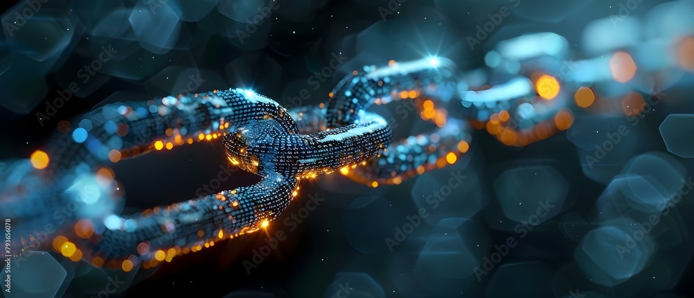 Poster blockchain integration leads to decentralized secure transactions with increased adoption. concept b