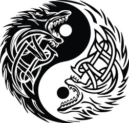 Wolf with shape of yin yang symbol, tattoo design, vector illustration.