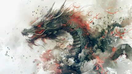 A dragon with red and black scales is flying through the air. The dragon has a menacing look on its face, and its wings are spread wide. The image has a dark and ominous mood
