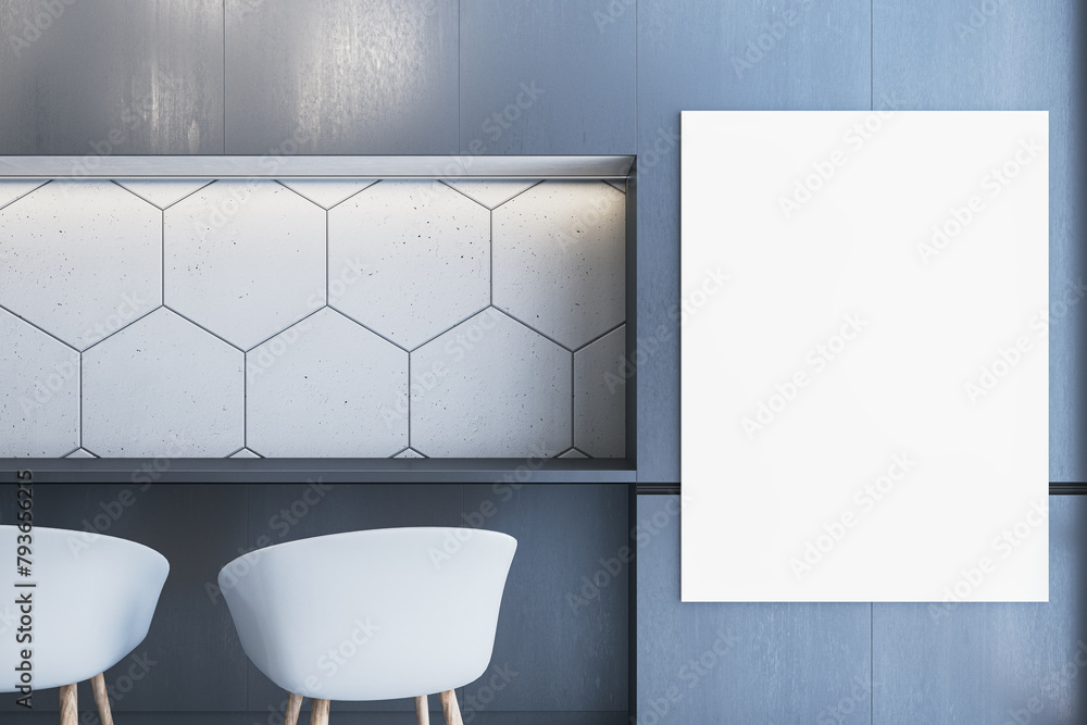 Poster modern blue interior with empty white mock up banner on wall, table and chairs. 3d rendering.
