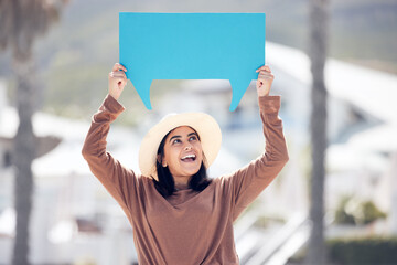 Mockup, space or happy woman in city with speech bubble news, announcement or presentation. Travel...