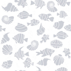Seamless pattern Tropical fishes, shell halftone dots silhouette style