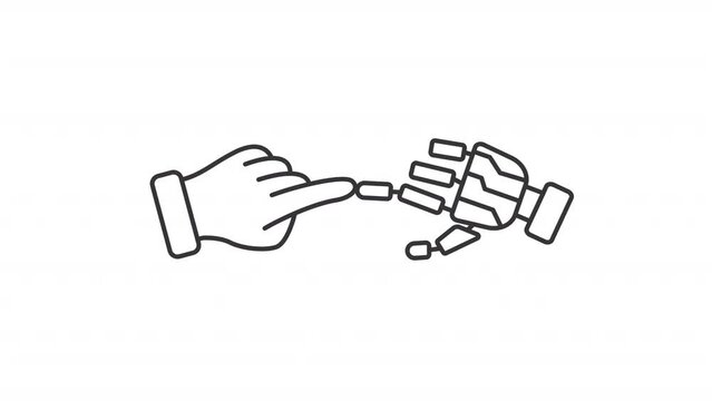 Animated human and robot hands icon. AI and human interaction line animation. Artificial intelligence. Black illustration on white background. HD video with alpha channel. Motion graphic