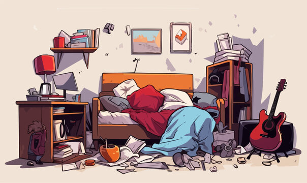 A messy bedroom with a guitar on the floor