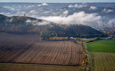Aerial panorama of south moravia, Czech republic, Europe during cloudy autumn morning