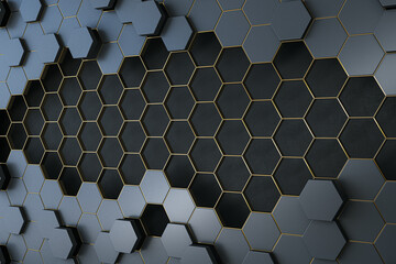 Contemporary dark hexagonal background. Landing page concept. 3D Rendering.