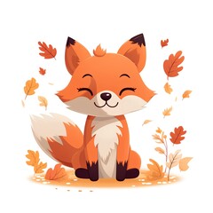Cute cartoon fox character sitting in autumn leaves. Vector illustration.