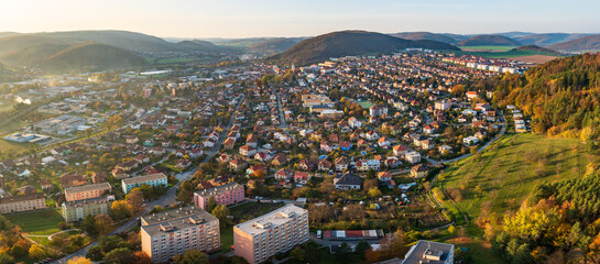Aerial panorama of Tišnov city in south moravia, Czech republic, Europe during autumn