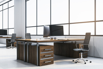Light wooden and concrete coworking office interior with panoramic window, city view and daylight. 3D Rendering.