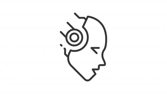 Animated robot head icon. Human enhancement line animation. Artificial intelligence. Transhumanism. Black illustration on white background. HD video with alpha channel. Motion graphic