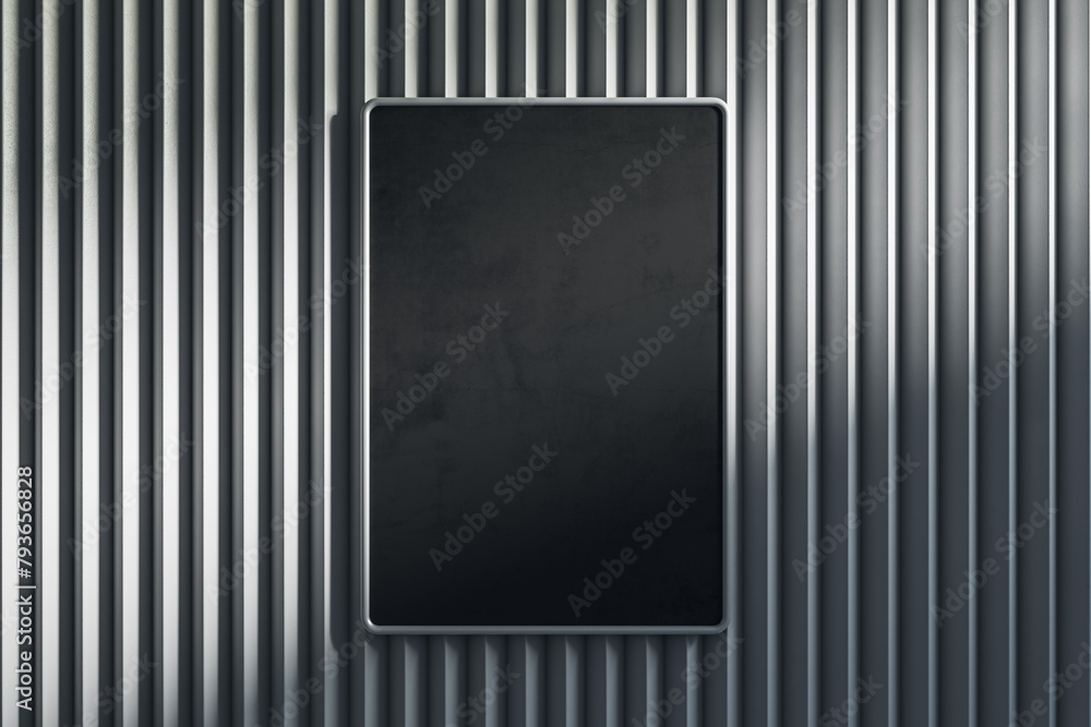 Poster Empty light metal linear wall with clean black mock up banner. Gallery concept. 3D Rendering.