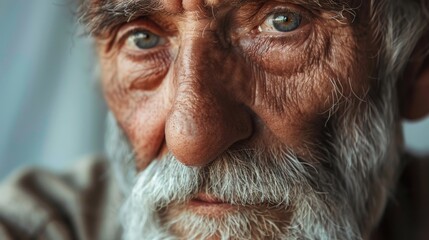 Elderly man with wrinkled facial hair gazes at camera with mustache and beard