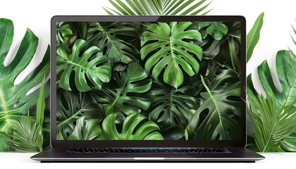 Laptop mockup with green leaves on white background. Generative ai design concept.