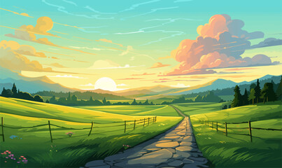 Road through a green field landscape scene at sunset, colorful summer vector illustration