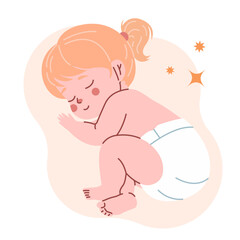 Sleeping little baby girl with blond hair in diaper. Newborn has sweet dream. Cute infant with abstract background behind