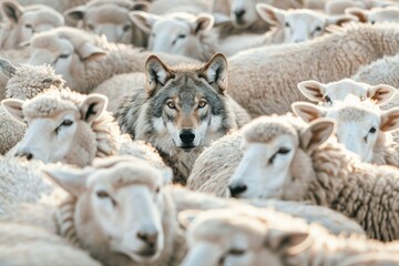 A wolf is hiding among a flock of sheep, leading the way or waiting for the right moment to act. Metaphor for hidden risk and danger