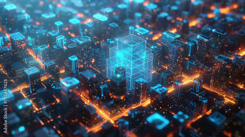 Poster 3d illustration of abstract technological background with glowing cubes and lines. 3d rendering. ai.