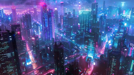 Futuristic neon cityscapes glowing against a pristine white backdrop, capturing the vibrant energy of urban life