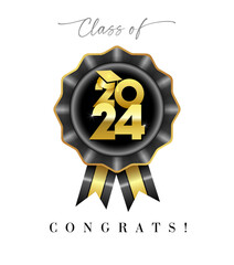 Class of 2024 congrats. Cute graduating banner concept with 3D graphic style black rosette and shiny golden elements. Creative badge. School awards design. Rewards ribbon template. Educational poster.