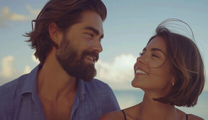 A cute woman with brown hair converses with a man on the beach. The tranquil seaside setting provides the backdrop for their conversation, fostering connection and relaxation - Powered by Adobe