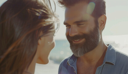 A cute woman with brown hair converses with a man on the beach. Their interaction captures a moment of connection amidst the tranquil coastal scenery