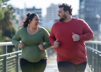 In a full-body photo, an overweight man and woman run on a bridge, sharing smiles and joy as they exercise together