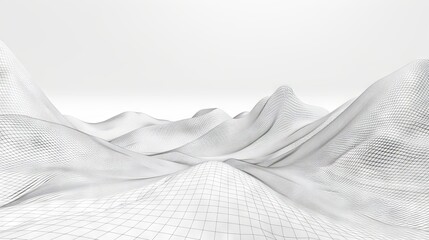 Futuristic wireframe rendering of a surreal terrain arranged symmetrically for a striking visual impact on white