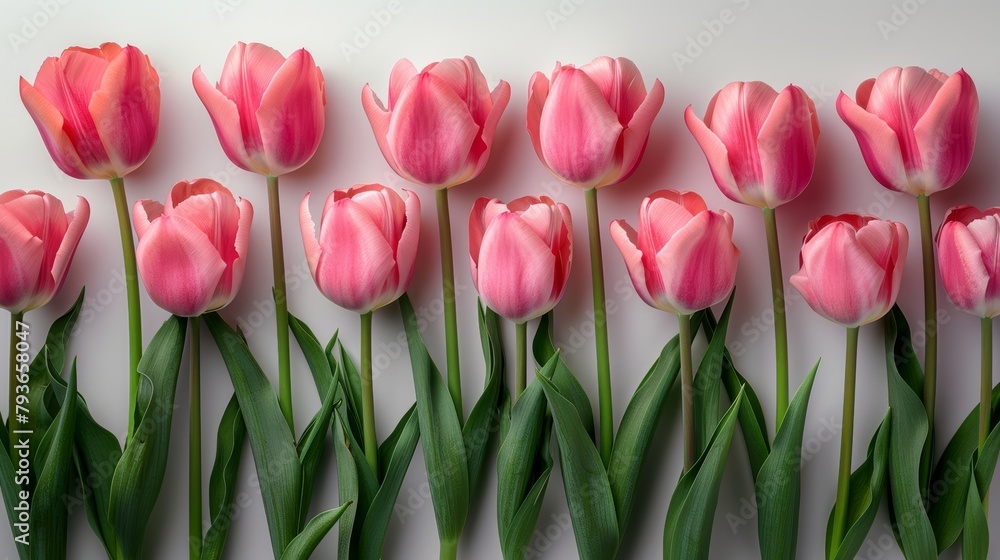 Poster overhead view of abundant pink tulips on a white background generative ai
