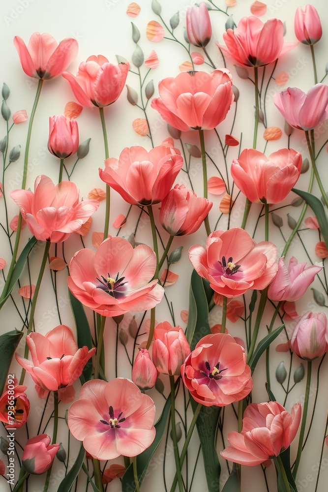 Aufkleber overhead view of pink tulips arranged on a white background generative ai