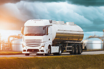 Oil tanker truck transports LNG, LPG, Petrol Gas and Diesel to the petrochemical industry plant. - obrazy, fototapety, plakaty