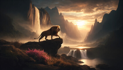 a majestic lion striding confidently across a rocky outcrop - obrazy, fototapety, plakaty