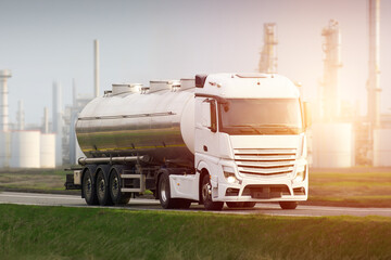 Stainless Steel Tanker Truck on the Road with Oil Refinery in the Background