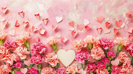 Celebrate Mother s Day with a delightful gift idea a stunning top down arrangement of vibrant carnation blooms charming pink paper hearts all atop a soft pastel pink backdrop featuring an i