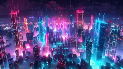 Glowing neon cityscapes radiating with energy and vibrancy, set against the purity of white