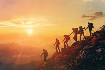 People is Helping Each Other to Hike up A Mountain at Sunrise. Giving a Helping Hand, and Active Fit Lifestyle Concept - obrazy, fototapety, plakaty