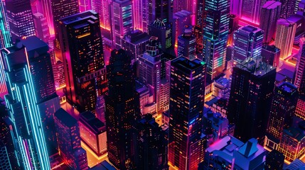 Glowing neon cityscapes radiating with vibrancy and excitement, set against the simplicity of white